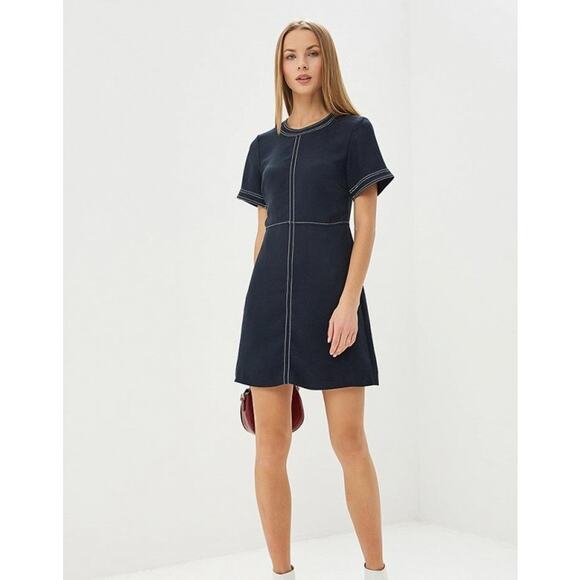 Banana Republic Dresses & Skirts - Banana Republic A-Line Dress Womens Size 0 Navy Blue Tonal Stitched Short Sleeve